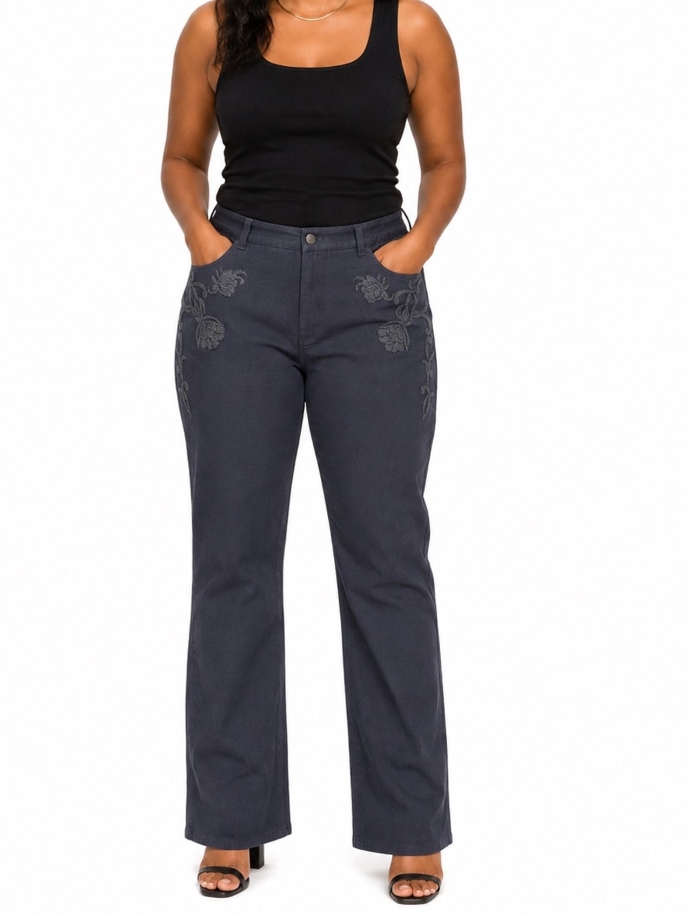 Lauren Jeans Co. Black Floral Stitch Wide Leg Straight Jeans Size 16